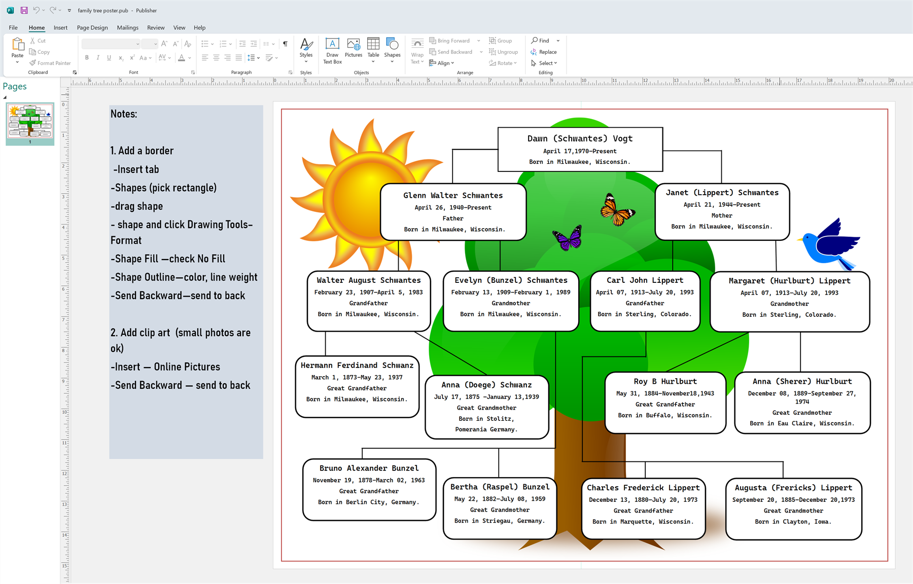 Student family tree project created in Publisher